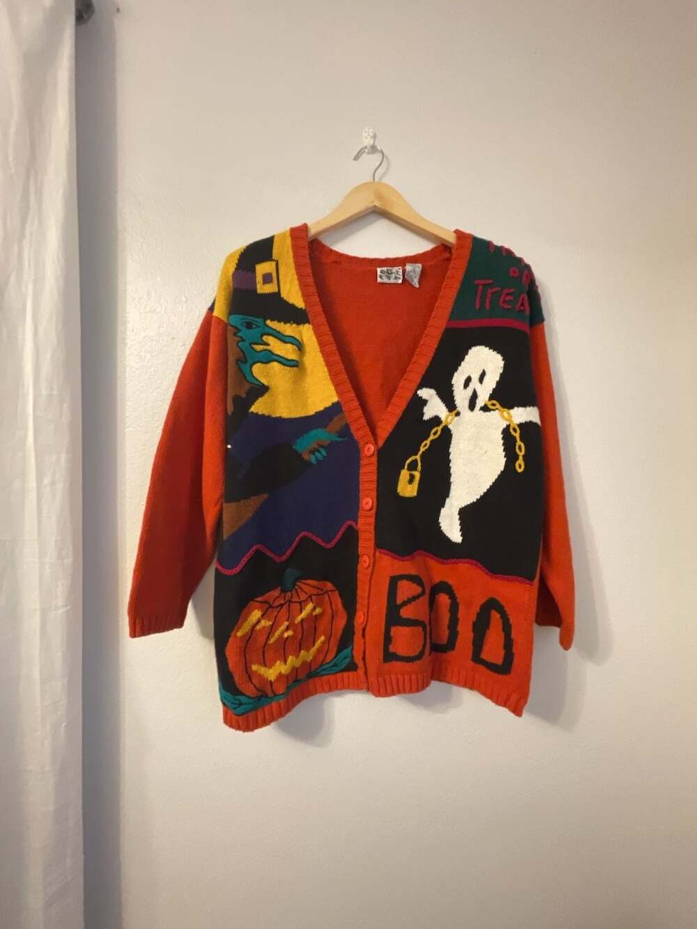 Vintage Jason Maxwell Halloween Cardigan Sweater Novelty Witch Ghost Pumpkin BOO